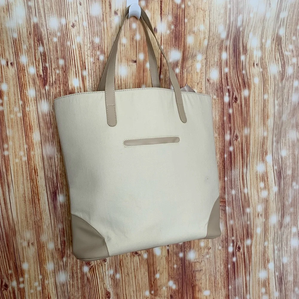 Tote Bag Jaipur October Beige and Tan Vegan Leather Handle drop 9” Like New - Picture 3 of 7